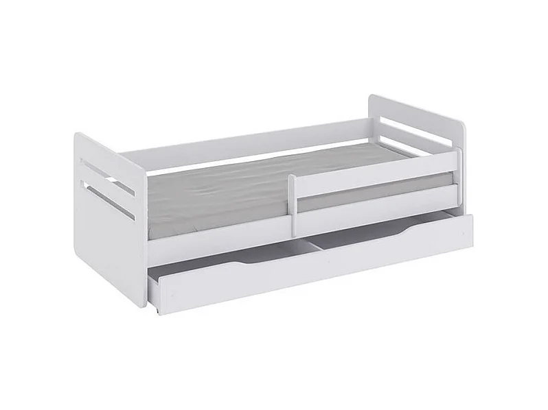Lit enfant avec barrière de sécurité amovible blanc Moly-Matelas mousse-80x140-Tiroirs Avec tiroir