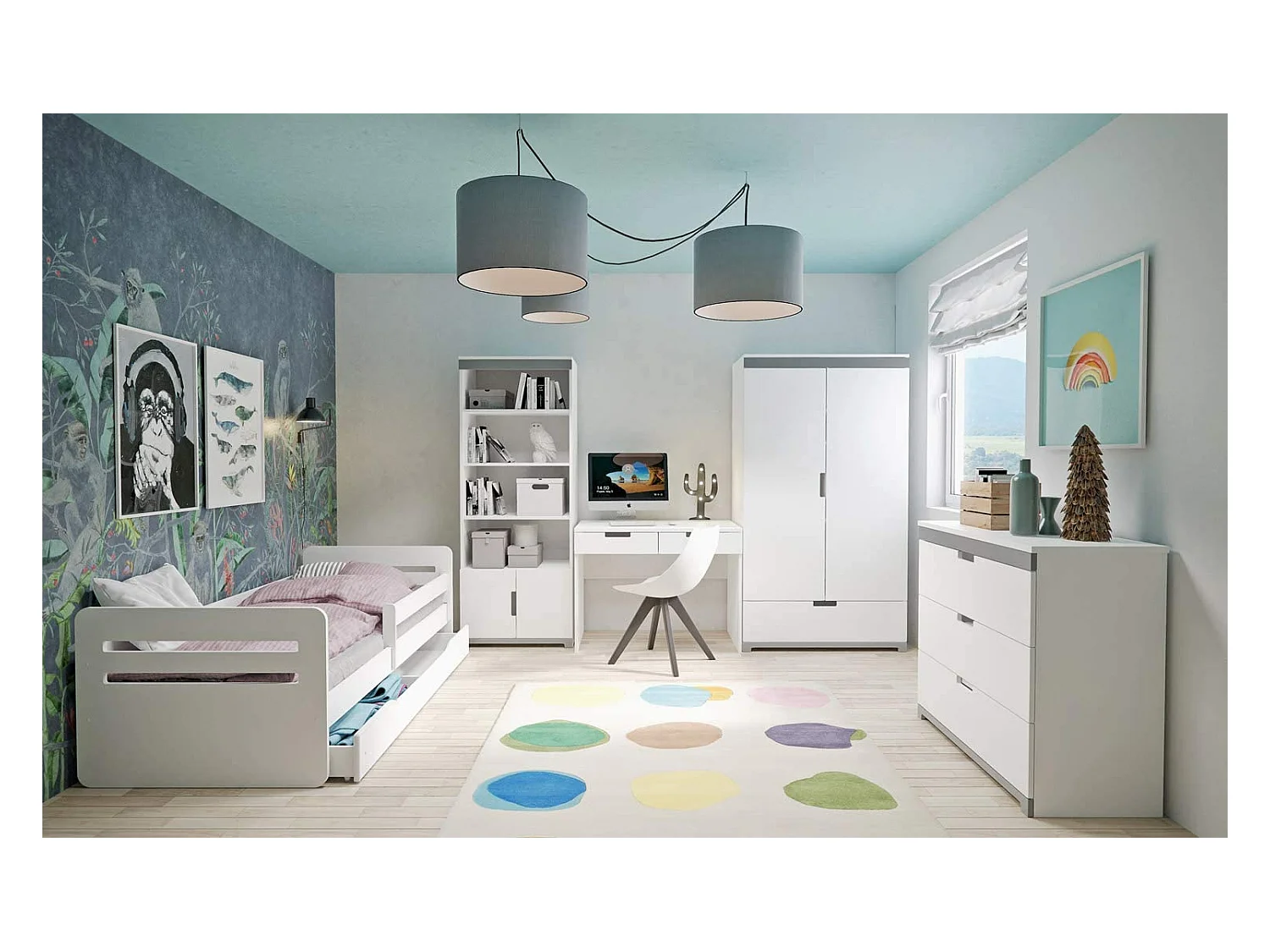 Lit enfant avec barrière de sécurité amovible blanc Moly-Matelas mousse-80x140-Tiroirs Avec tiroir