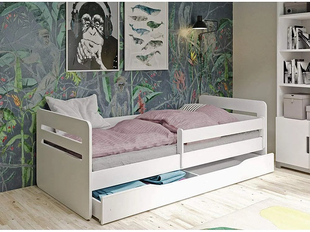 Lit enfant avec barrière de sécurité amovible blanc Moly-Matelas mousse-80x140