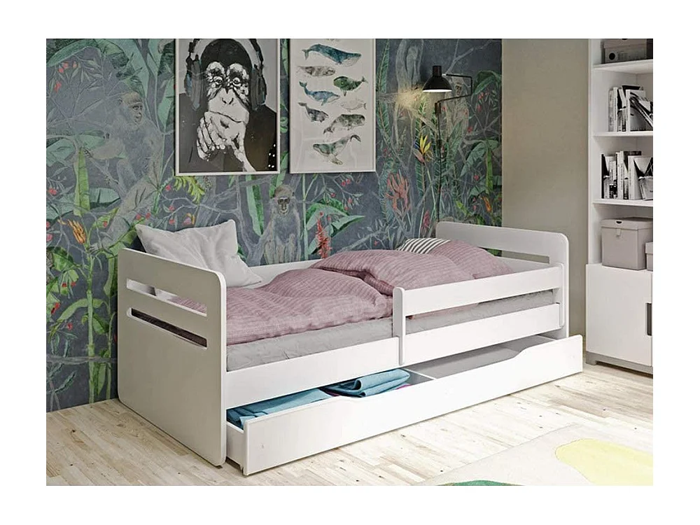 Lit enfant avec barrière de sécurité amovible blanc Moly-Matelas mousse-80x140