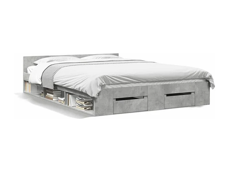Cadre de lit à tiroirs gris béton 150x200 bois d'ingénierie