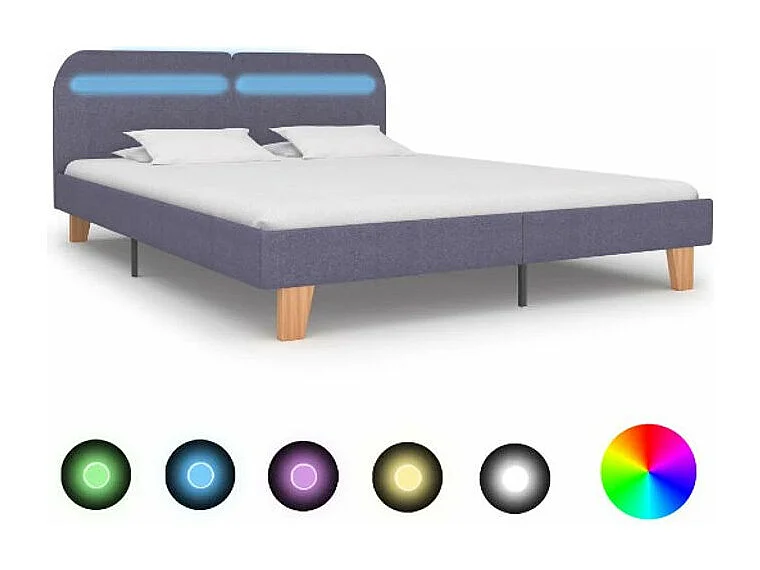 Lit adulte à LED tissu gris clair et pieds bois massif clair Indie 160x200