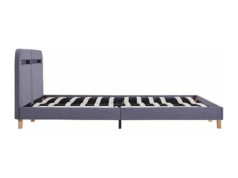 Lit adulte à LED tissu gris clair et pieds bois massif clair Indie 160x200