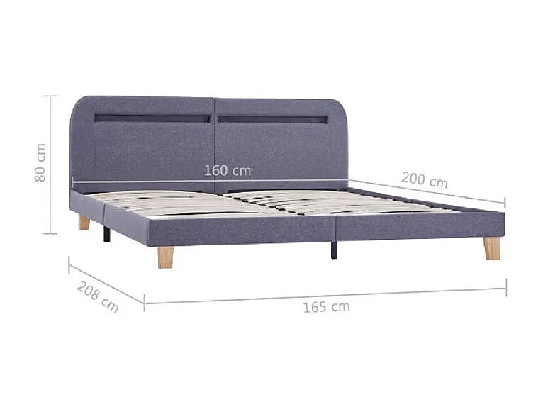 Lit adulte à LED tissu gris clair et pieds bois massif clair Indie 160x200