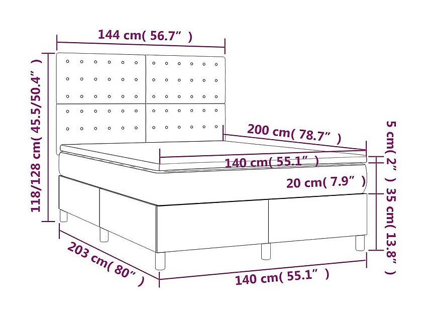 Sommier à lattes de lit matelas et LED Gris clair 140x200