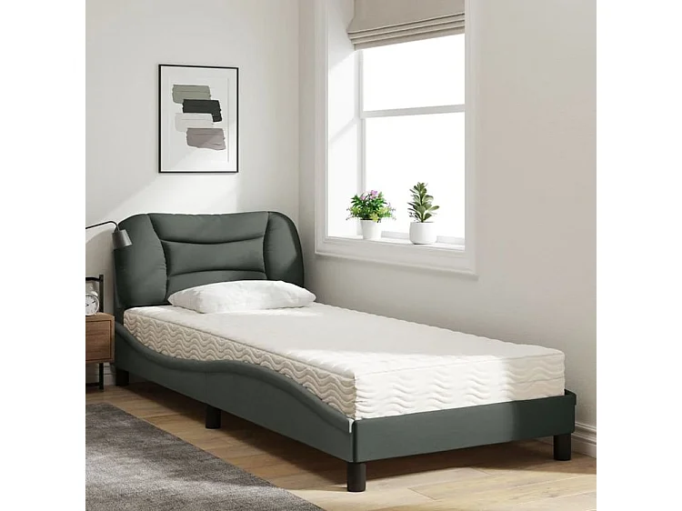 Lit avec matelas gris foncé 90x190 tissu