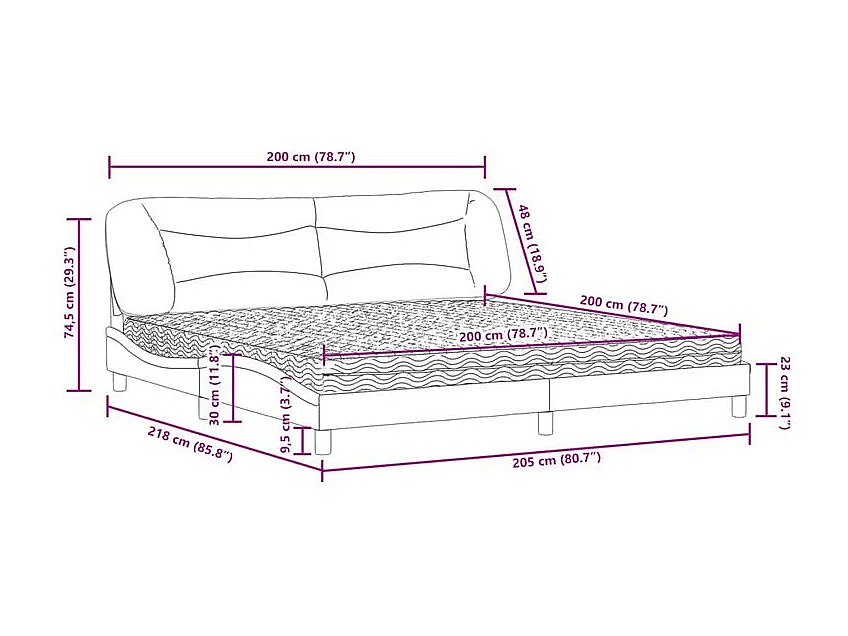 Lit avec matelas gris foncé 200x200 tissu