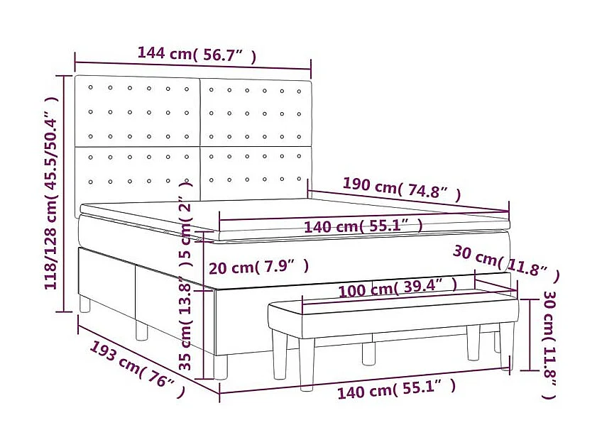 Sommier à lattes de lit avec matelas Gris clair 140x190 Tissu