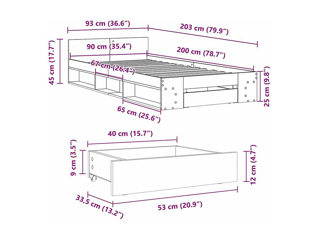 Cadre de lit et tiroir chêne fumé 90x200 bois d'ingénierie