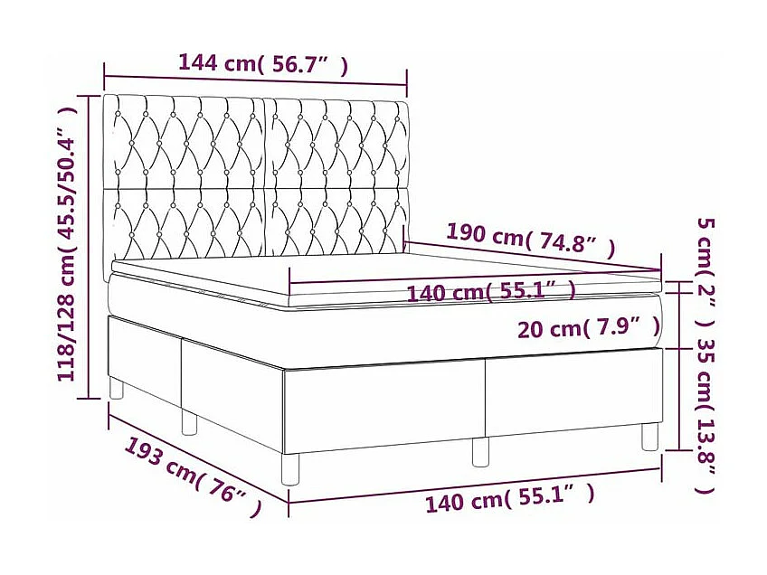 Sommier à lattes de lit et matelas et LED Noir 140x190 Tissu