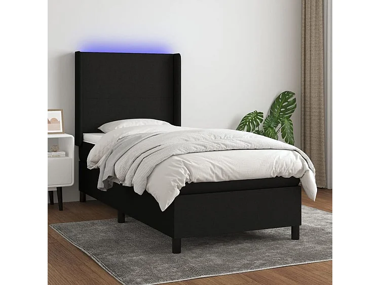 Sommier à lattes de lit matelas et LED Noir 90x200 Tissu
