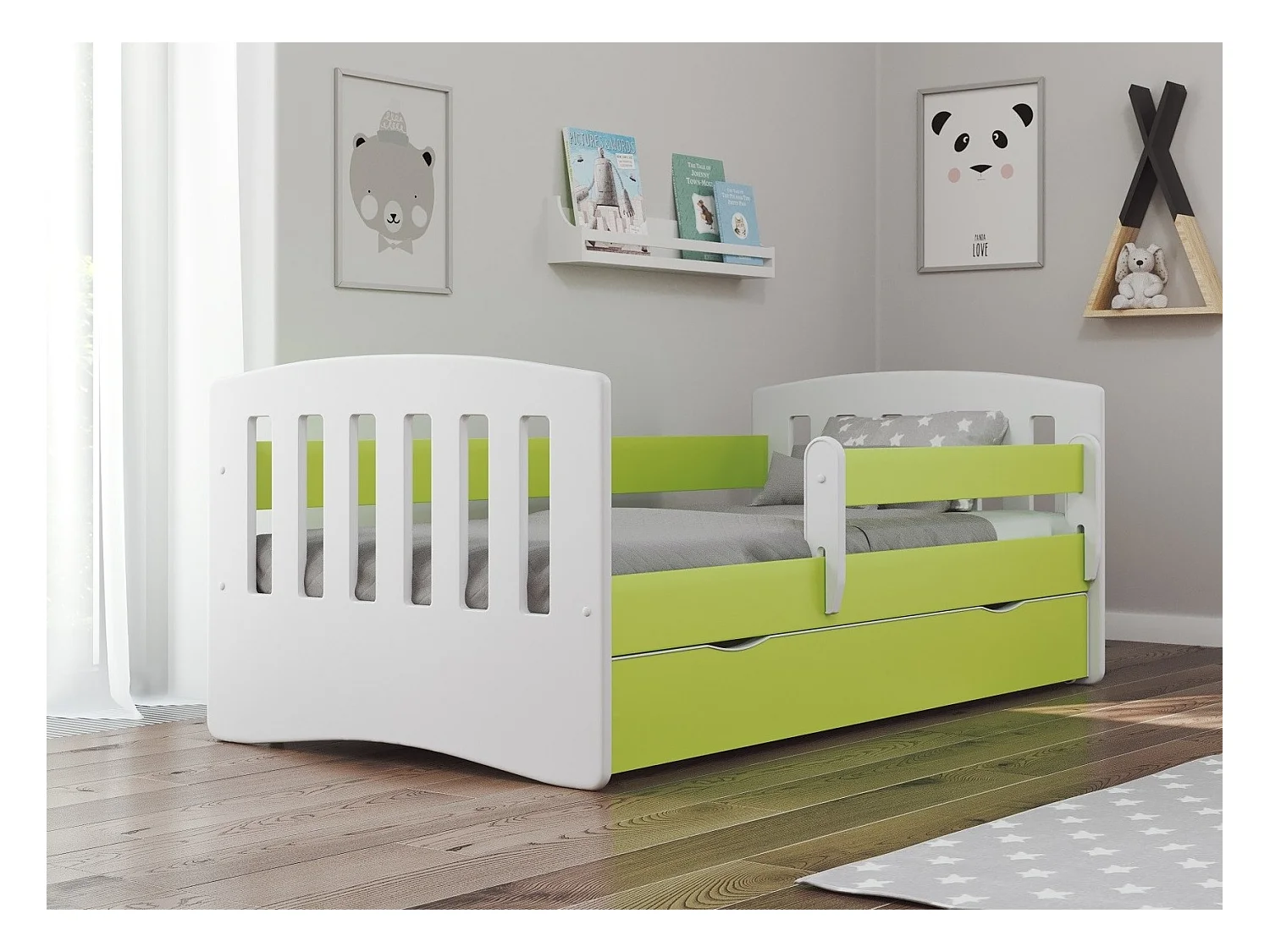 Cama infantil con barrera de seguridad extraíble Klaky verde-Colchones de espuma-Ropa de cama 80x160 cm-Cajones Con cajón