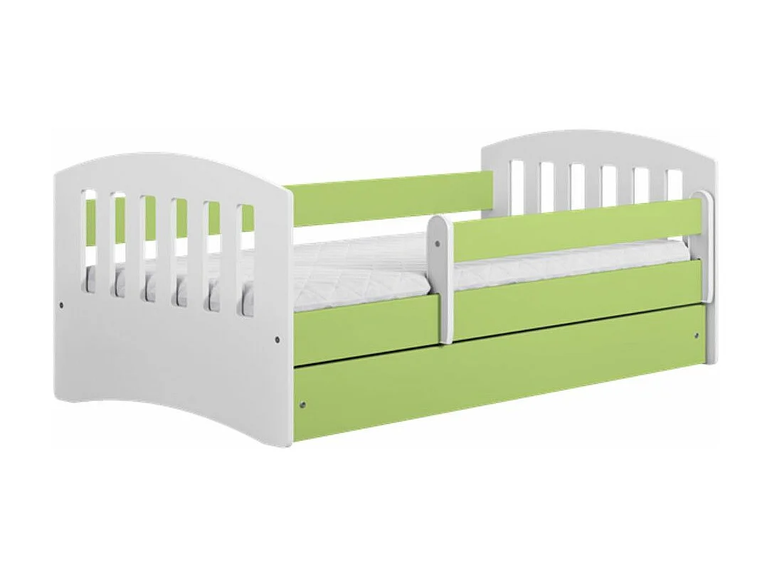 Lit enfant avec barrière de sécurité amovible vert Klaky-Matelas mousse-80x160-Tiroirs Avec tiroir