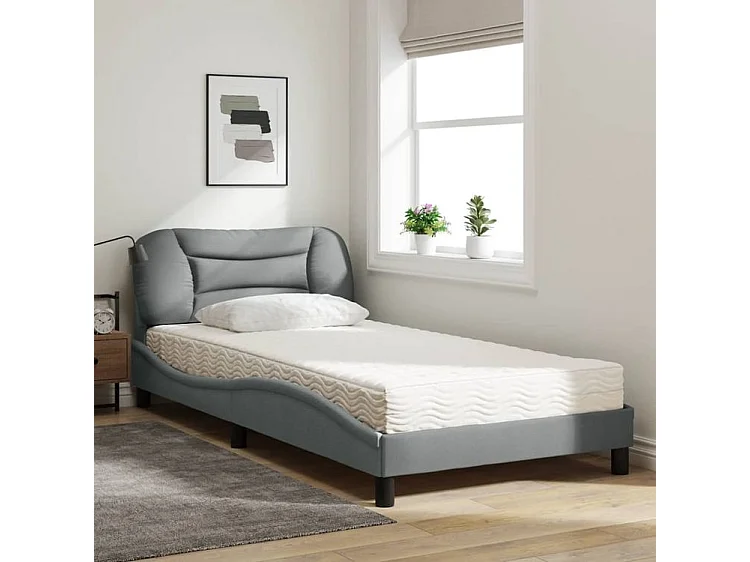 Lit avec matelas gris clair 100x200 tissu