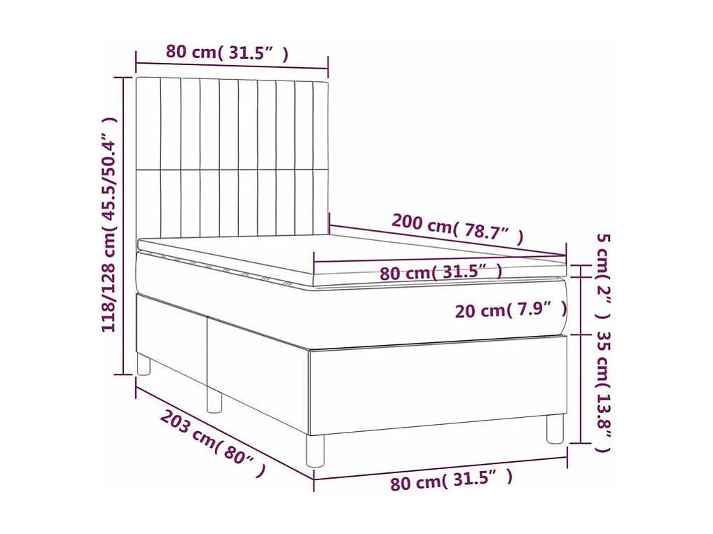 Sommier à lattes de lit matelas LED Gris foncé 80x200 Velours