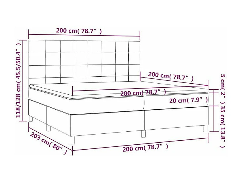 Sommier à lattes de lit et matelas et LED Gris foncé 200x200