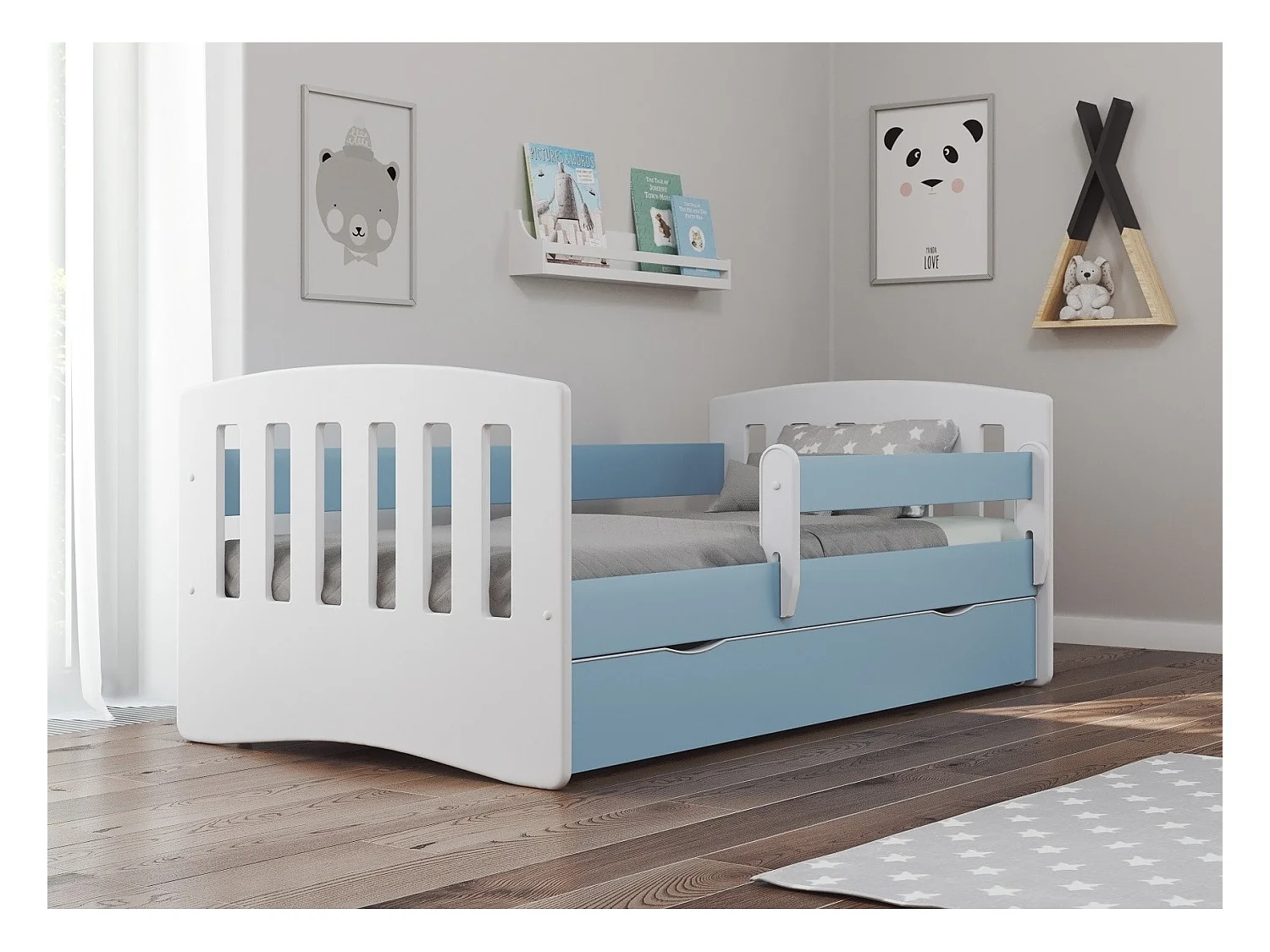 Lit enfant avec barrière de sécurité amovible bleu Klaky-80x140