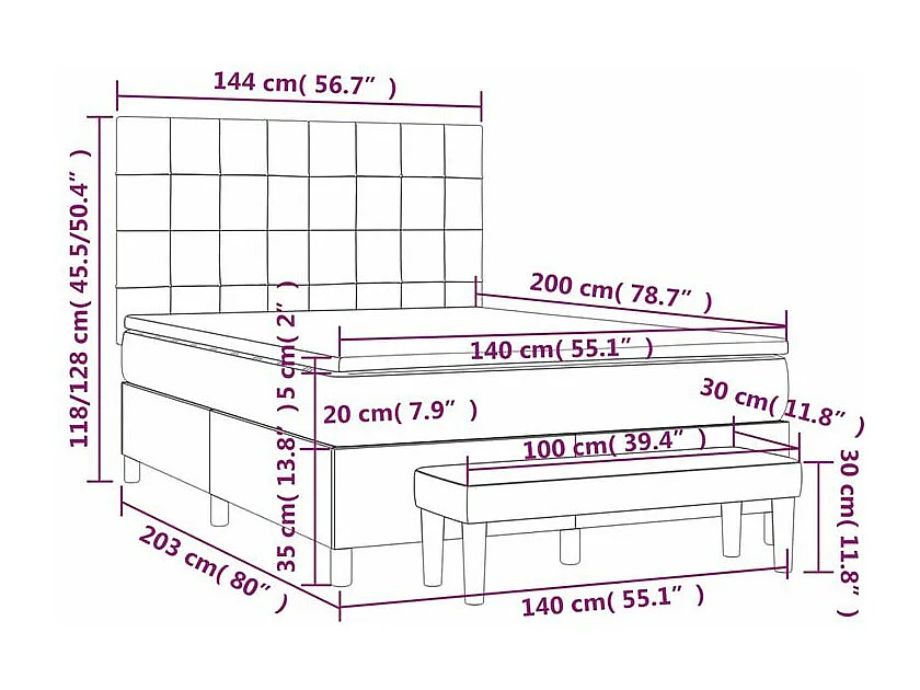 Sommier à lattes de lit avec matelas Noir 140x200 Tissu