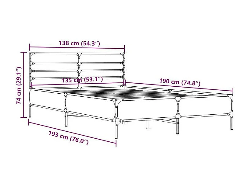 Cadre de lit chêne fumé 135x190 bois d'ingénierie et métal