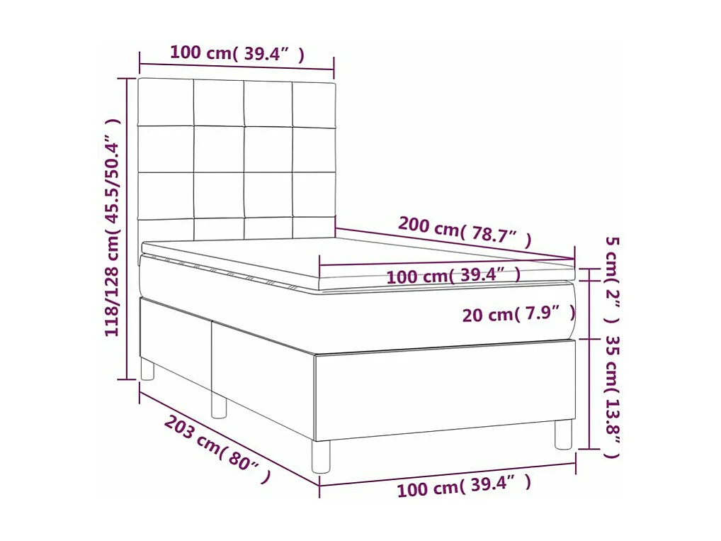 Sommier à lattes de lit et matelas et LED Noir 100x200 Tissu