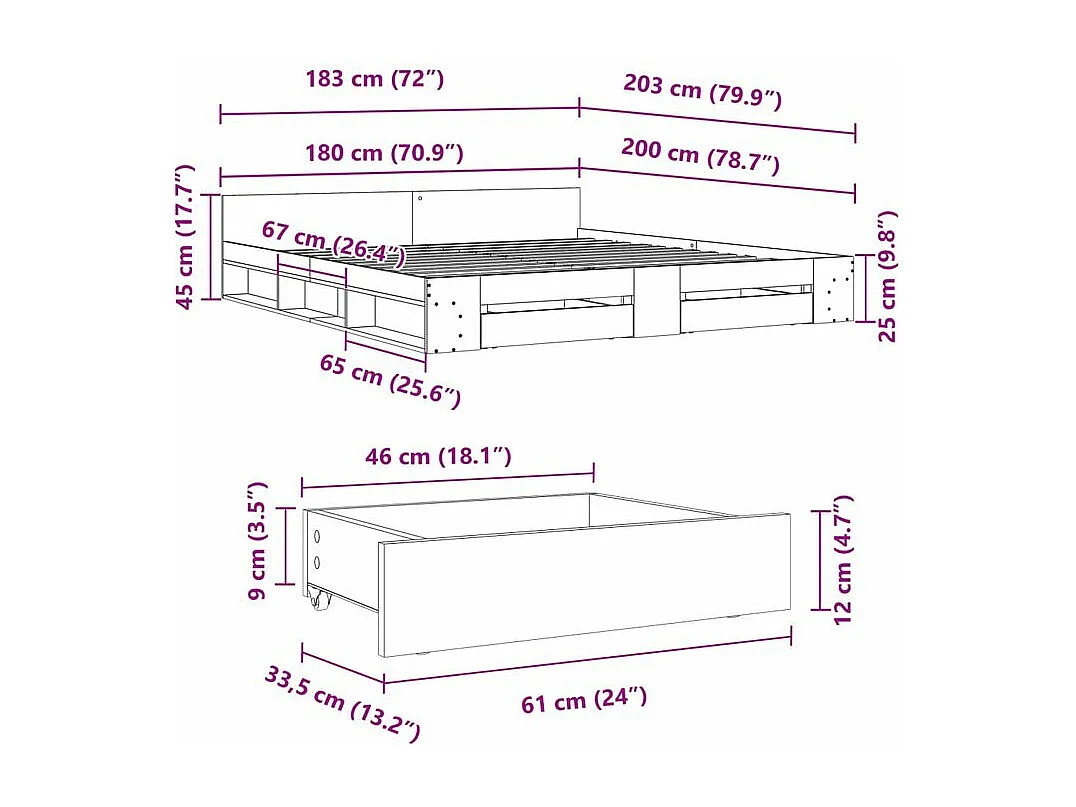 Cadre de lit à tiroirs gris béton 180x200 bois d'ingénierie