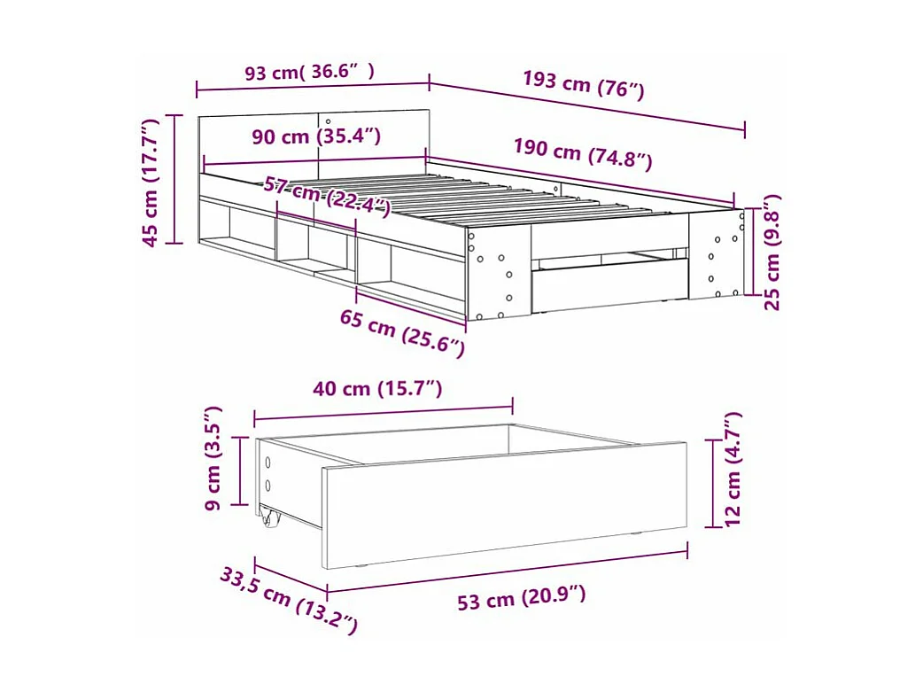 Cadre de lit à tiroir chêne marron 90x190 bois d'ingénierie