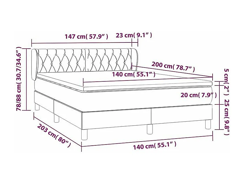 Sommier à lattes de lit avec matelas Noir 140x200 Tissu