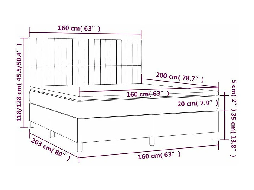 Sommier à lattes de lit et matelas et LED Bleu 160x200 Tissu