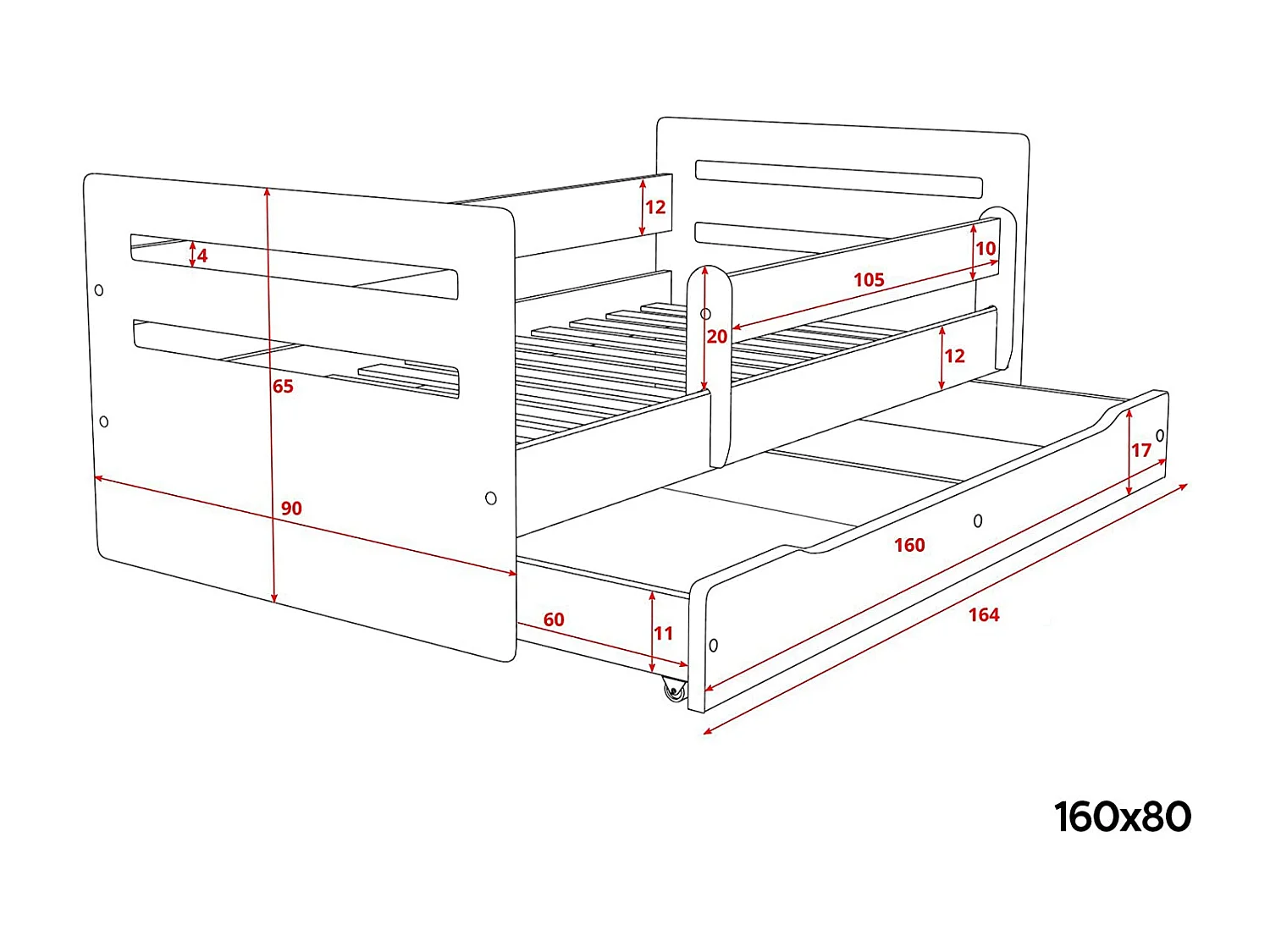 Lit enfant avec barrière de sécurité amovible blanc Moly-80x180-Tiroirs Avec tiroir