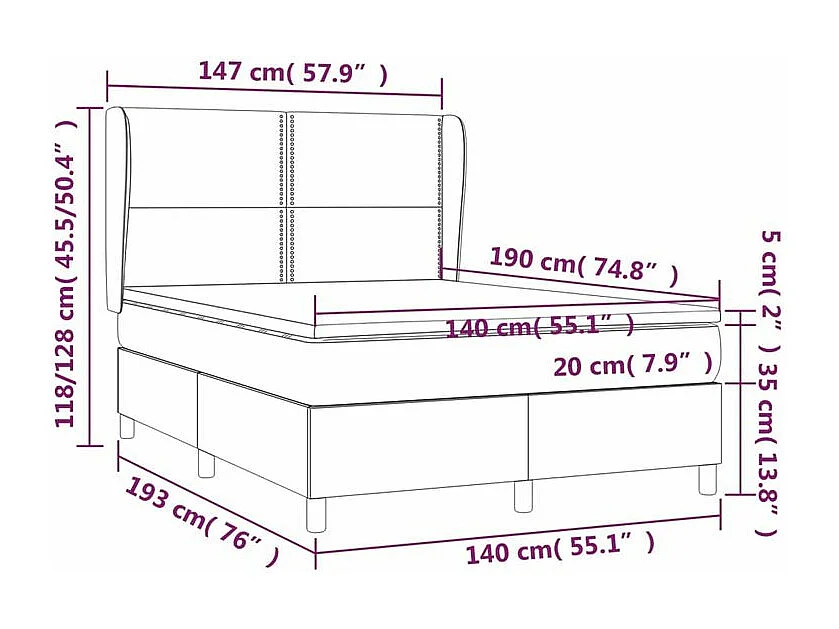 Sommier à lattes de lit avec matelas Noir 140x190 Velours