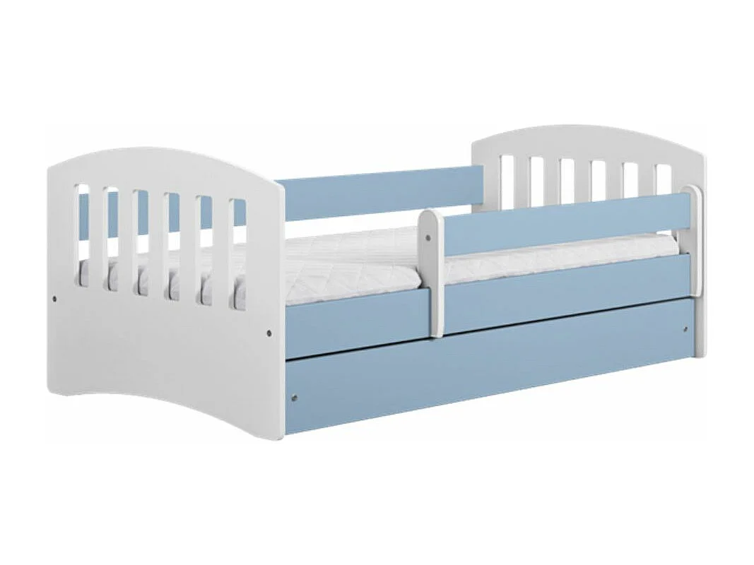 Lit enfant avec barrière de sécurité amovible bleu Klaky-Matelas mousse-80x160