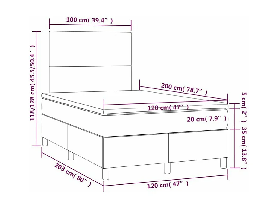Sommier à lattes de lit et matelas et LED Noir 120x200 Tissu