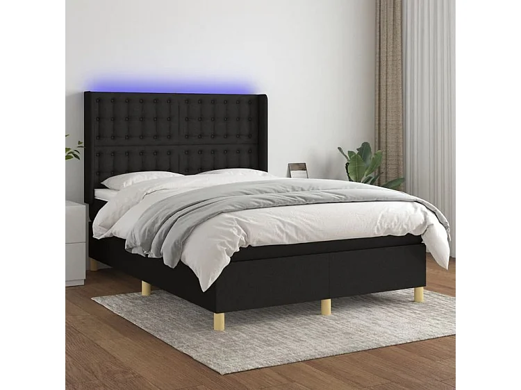 Sommier à lattes de lit matelas et LED Noir 140x190 Tissu
