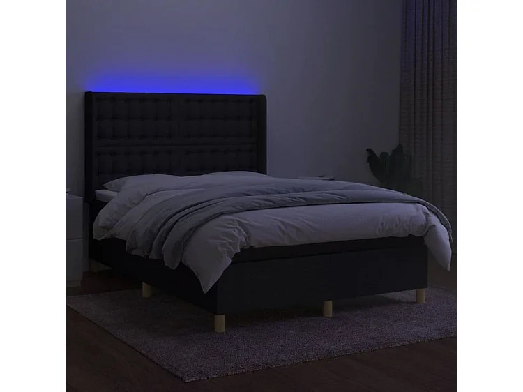 Sommier à lattes de lit matelas et LED Noir 140x190 Tissu