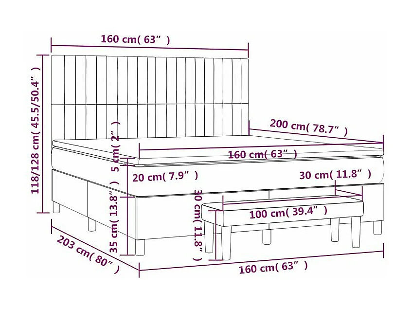 Sommier à lattes de lit et matelas Gris foncé 160x200 Velours