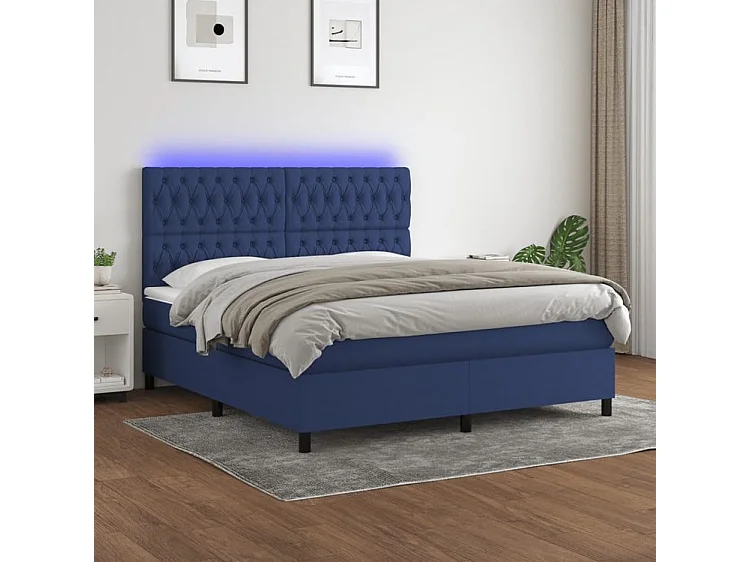 Sommier à lattes de lit et matelas et LED Bleu 180x200 Tissu