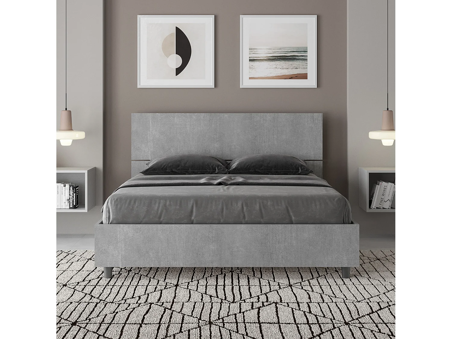 Bett mit Lattenrost 140x200, geneigtes Kopfteil aus Demas-Beton