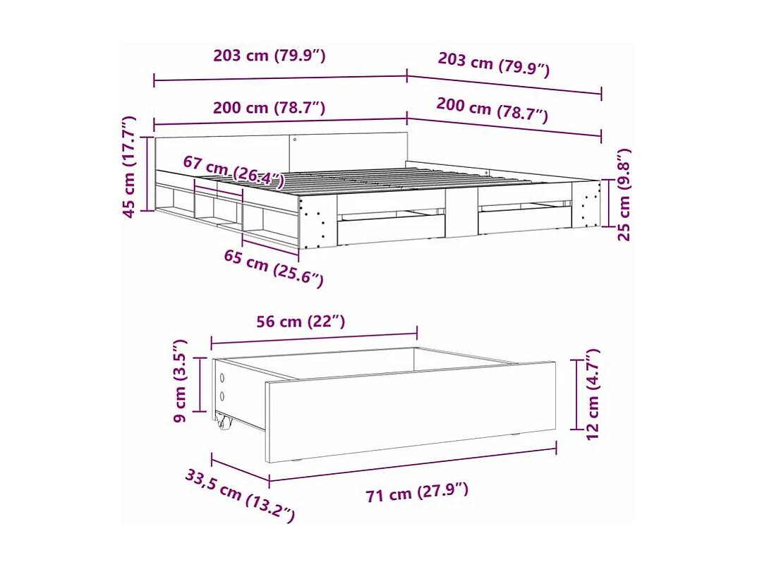 Cadre de lit et tiroirs sonoma gris 200x200 bois d'ingénierie