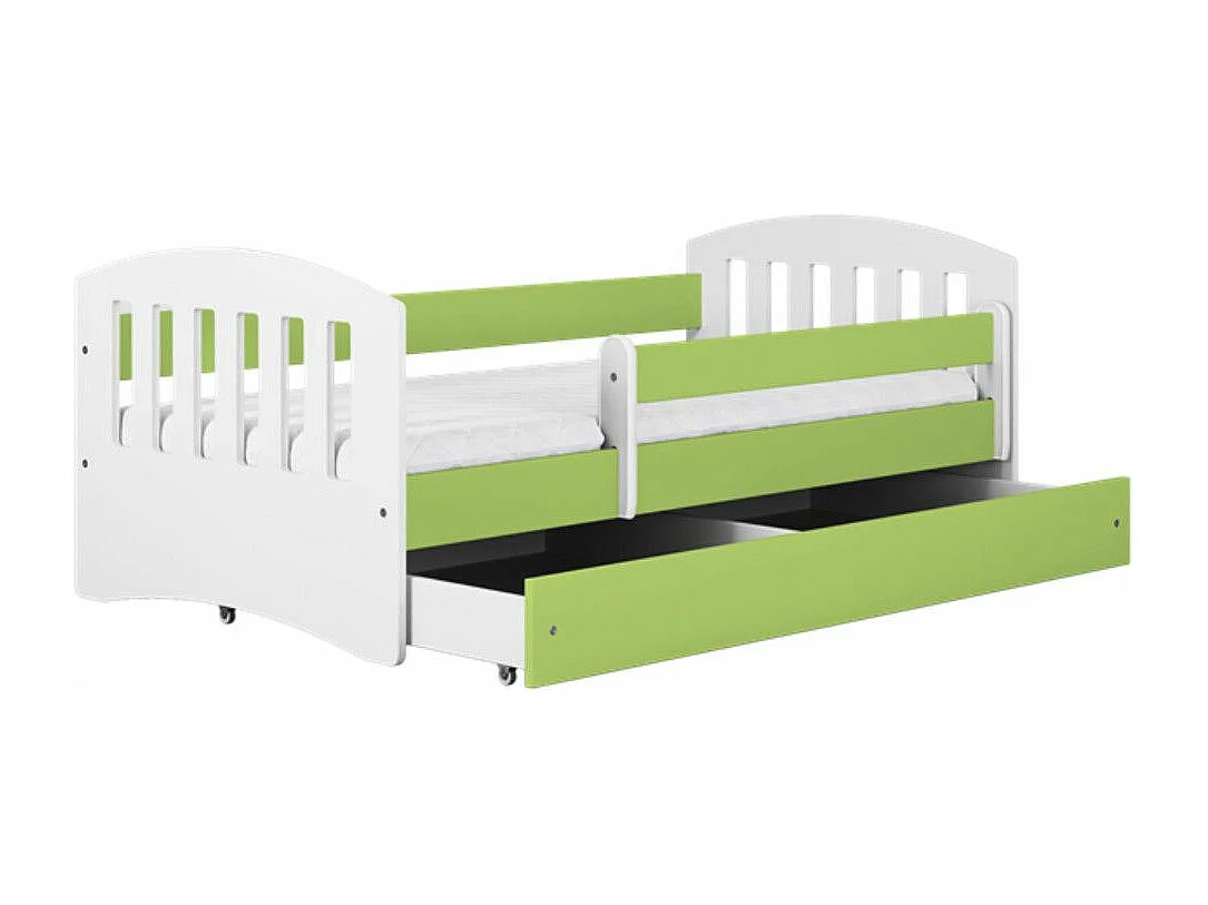 Lit enfant avec barrière de sécurité amovible vert Klaky-Matelas mousse-80x180-Tiroirs Avec tiroir