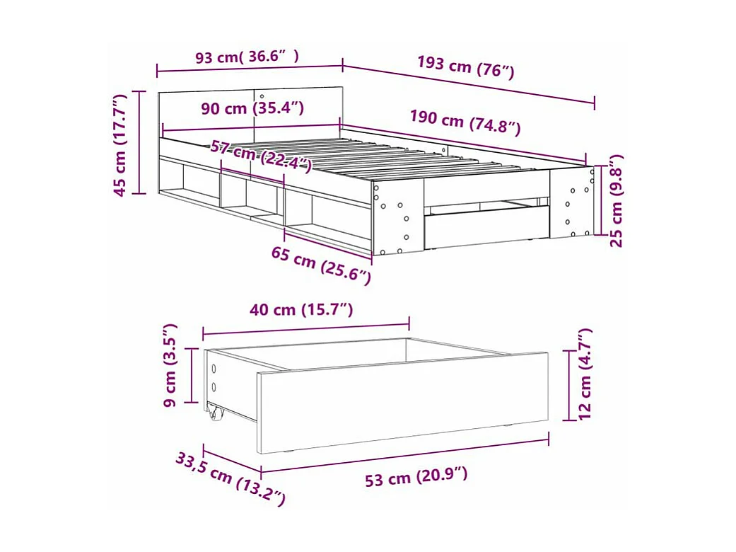 Cadre de lit et tiroir chêne fumé 90x190 bois d'ingénierie