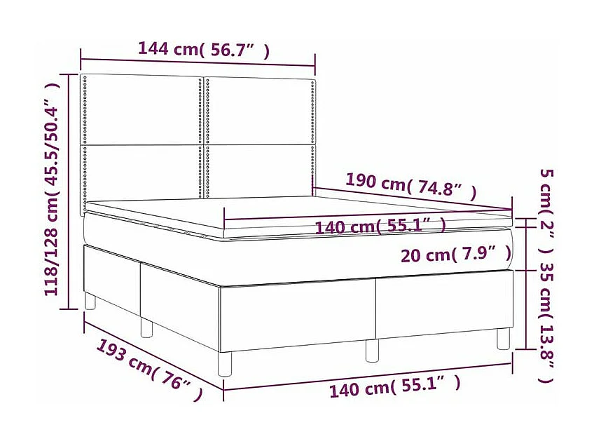 Sommier à lattes de lit matelas et LED Gris clair 140x190