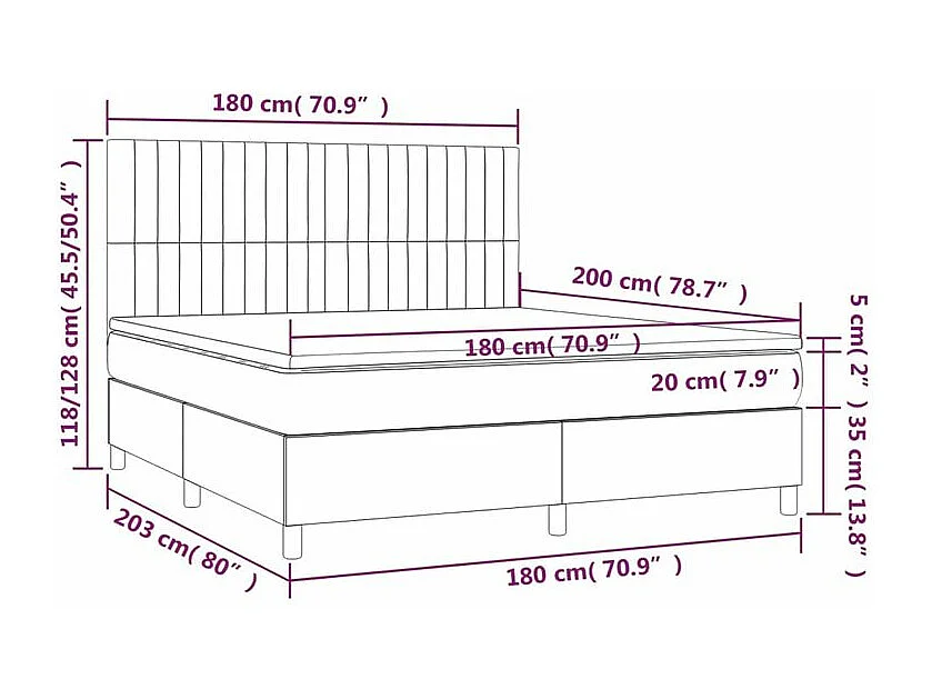Sommier à lattes de lit matelas et LED Gris foncé 180x200