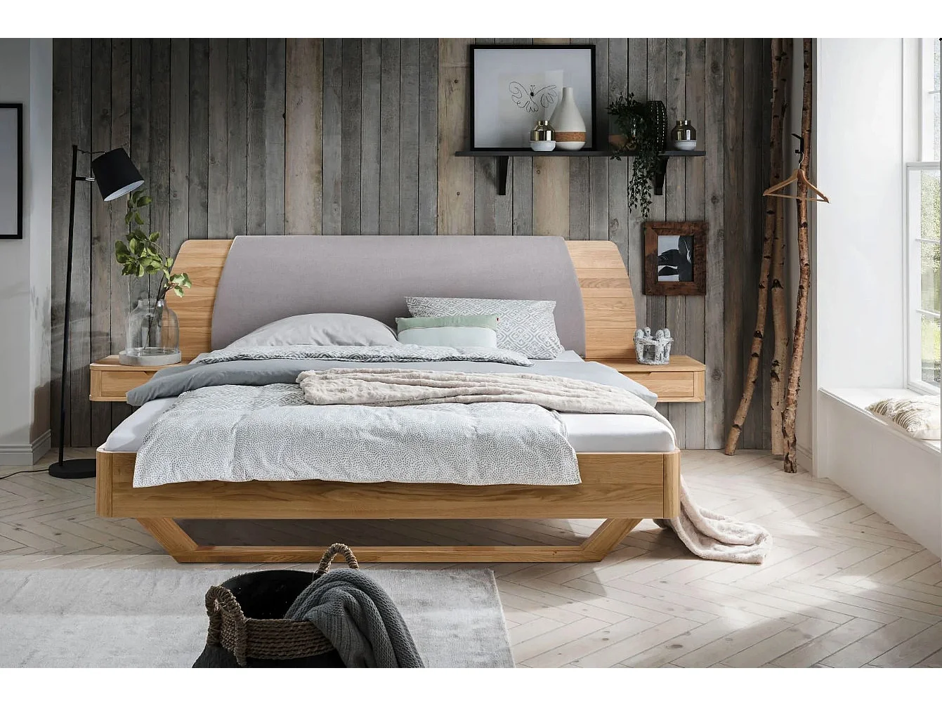 Lit en chêne massif avec tête de lit et 2 tables de chevet Manola-140x200