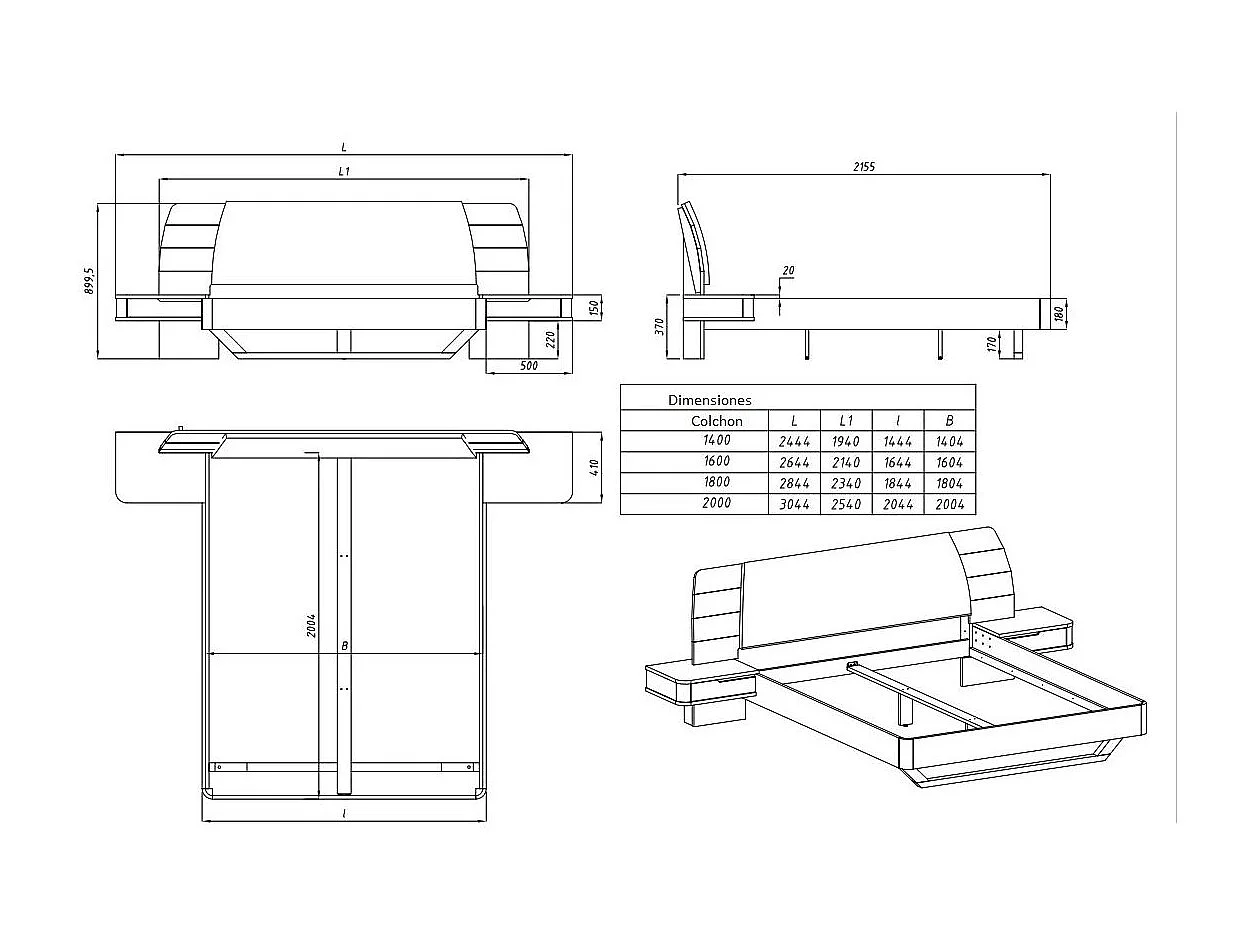 Lit en chêne massif avec tête de lit et 2 tables de chevet Manola-140x200