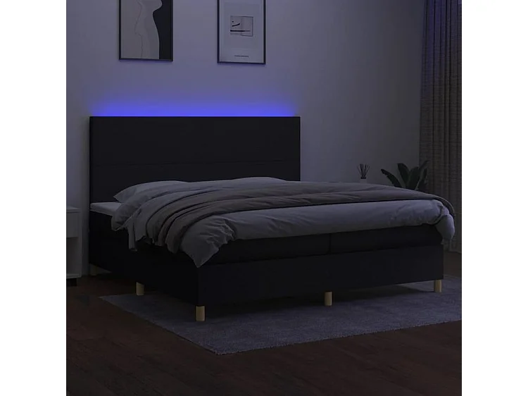 Sommier à lattes de lit et matelas et LED Noir 200x200 Tissu