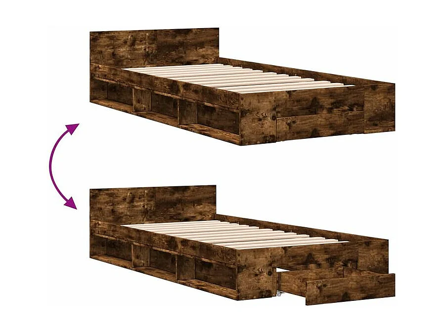 Cadre de lit et tiroir chêne fumé 100x200 bois d'ingénierie