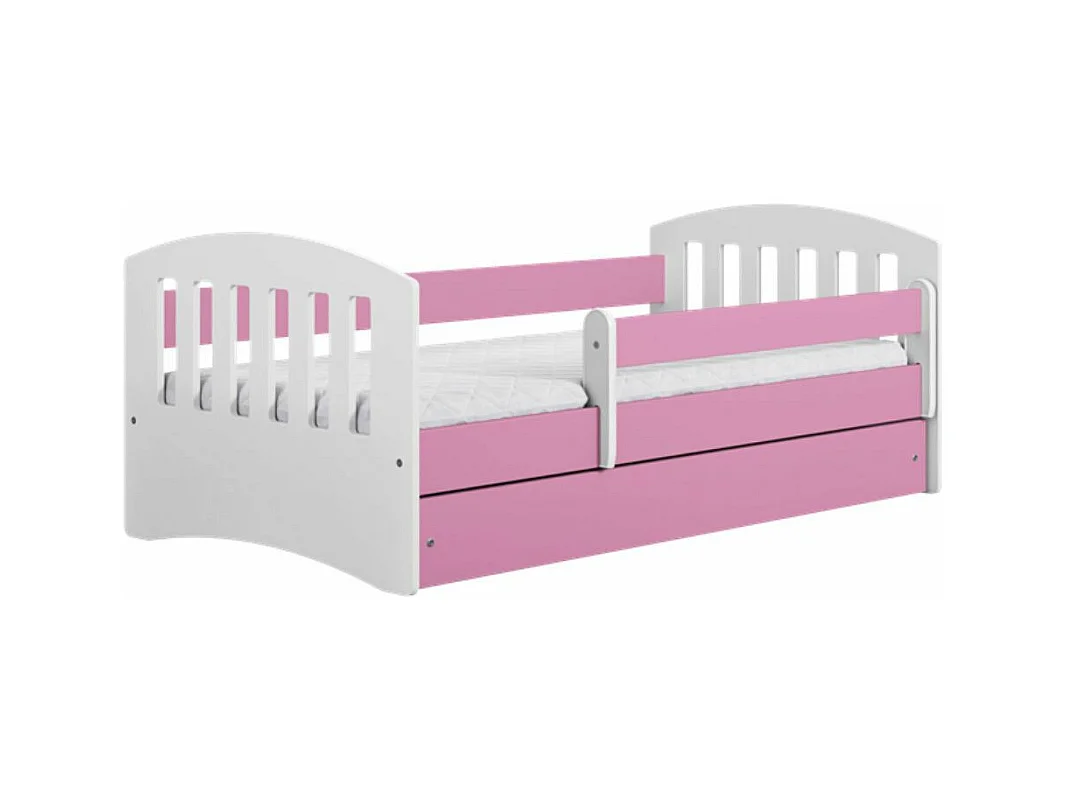 Lit enfant avec barrière de sécurité amovible rose Klaky-Matelas mousse-80x140-Tiroirs Avec tiroir