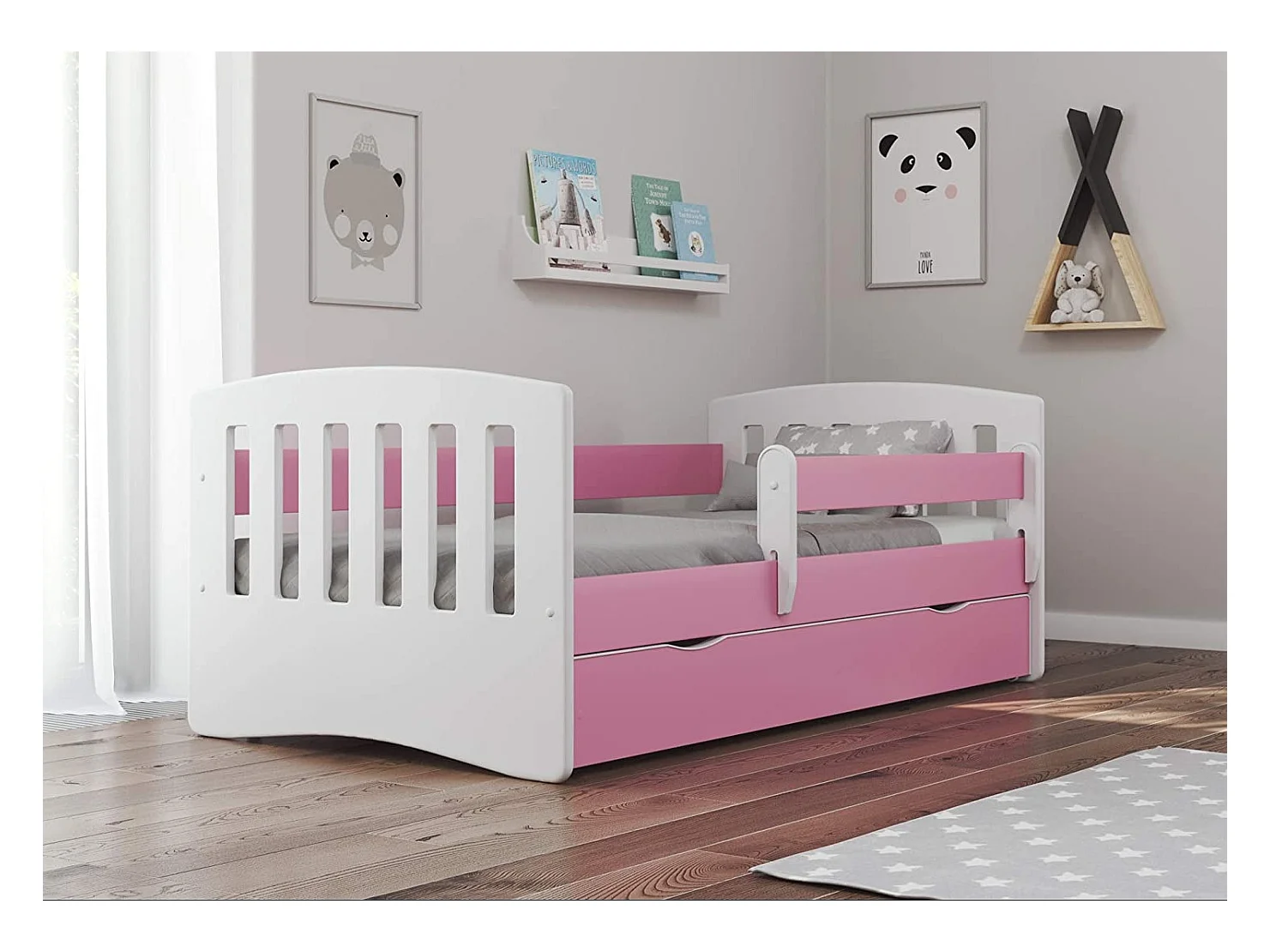 Lit enfant avec barrière de sécurité amovible rose Klaky-Matelas mousse-80x140-Tiroirs Avec tiroir