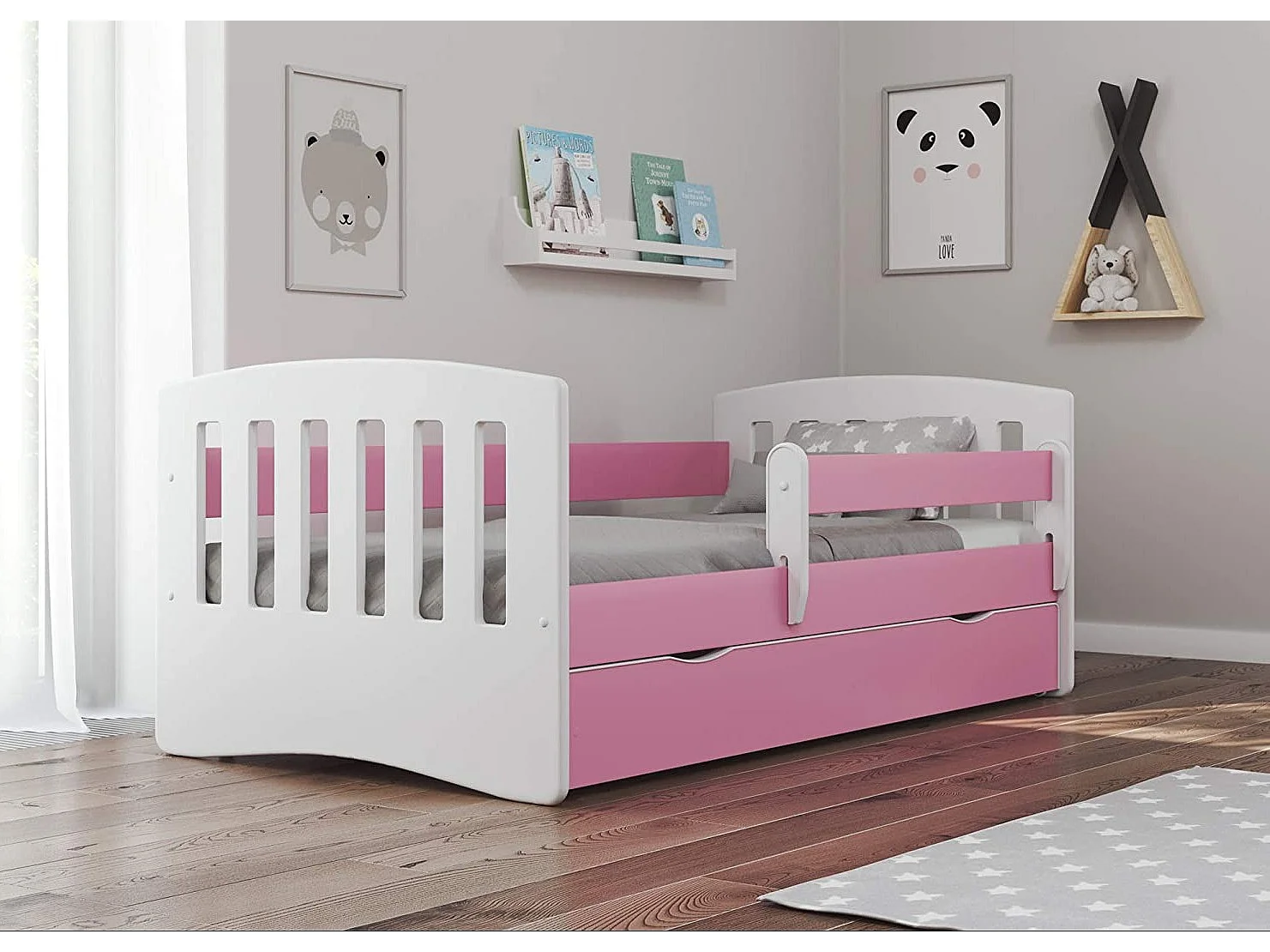 Lit enfant avec barrière de sécurité amovible rose Klaky-Matelas mousse-80x140-Tiroirs Avec tiroir