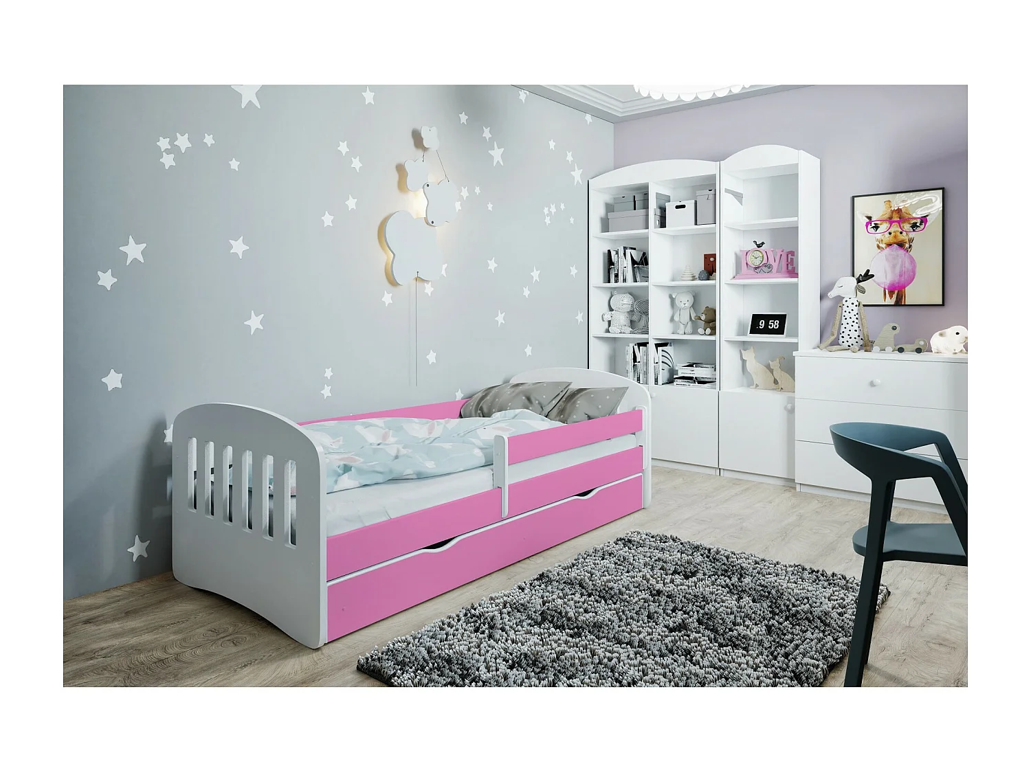 Lit enfant avec barrière de sécurité amovible rose Klaky-Matelas mousse-80x140-Tiroirs Avec tiroir